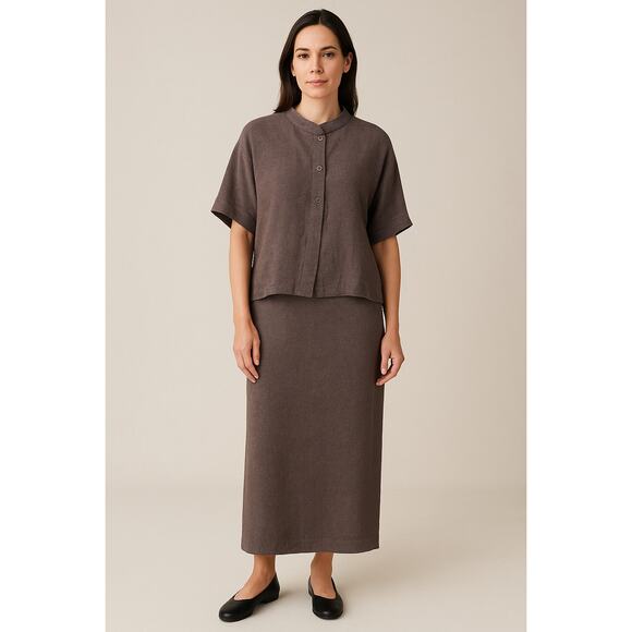 Eileen Fisher Linen Chocolate Minimalist Organic 2 Piece Midi Set Boxy Lagenlook - Picture 1 of 7